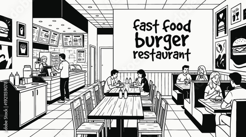 fast food restaurant interior table chair menu kitchen hospitality service urban casual atmosphere design black and white vector illustration