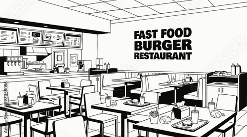 fast food restaurant interior table chair menu kitchen hospitality service urban casual atmosphere design black and white vector illustration