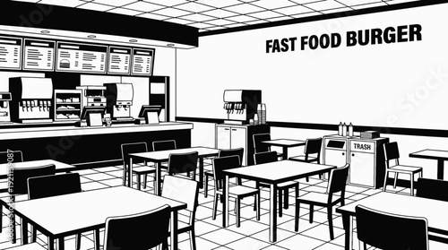 fast food restaurant interior table chair menu kitchen hospitality service urban casual atmosphere design black and white vector illustration