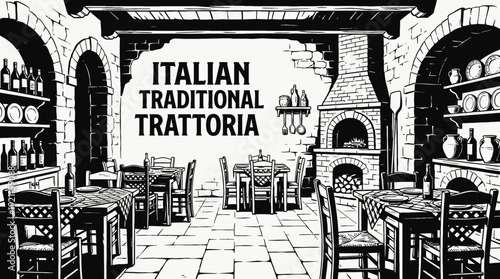 italian restaurant interior dining table chair menu kitchen food hospitality service atmosphere classic black and white design vector illustration