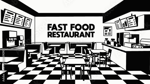 fast food restaurant interior table chair menu kitchen hospitality service urban casual atmosphere design black and white vector illustration