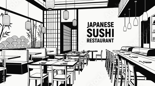 japanese restaurant interior dining table chair menu kitchen food hospitality service atmosphere modern black and white design vector illustration