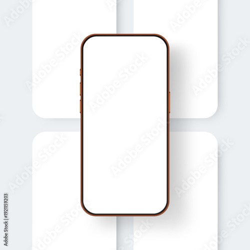 Modern smartphone mockup with empty display placed over minimal app screen layouts. Vector template for mobile application showcase, UI presentation and product preview