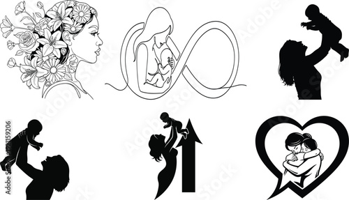 Collection of six black and white silhouettes and line art images depicting love relationships and affectionate moments