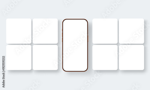 Smartphone mockup with blank square social media post templates arranged in grid. Vector layout for feed design presentation, marketing content and branding showcase