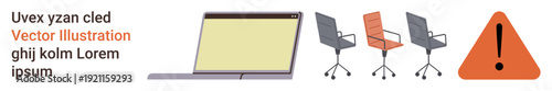 Workplace safety, remote work, office management, warnings, digital tools, productivity. Laptop, office chairs alert symbol. Workplace safety and remote work concept
