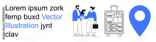 Business travel, corporate meetings, navigation, packing, tourism, planning. Two people shaking hands, suitcase with clothing blue location pin. Business travel and corporate meeting