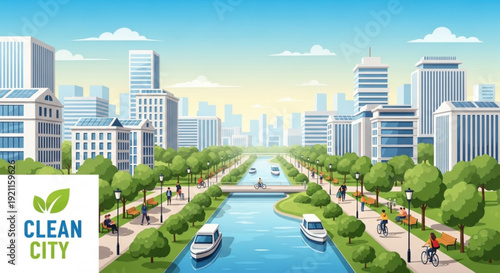 Eco friendly cityscape with canal green trees and modern buildings under blue sky with white clouds representing sustainable urban planning and clean environment