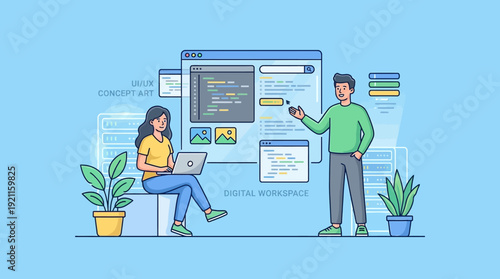 Digital Workspace: Software Developers Collaborating on UI/UX and Coding Illustration