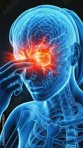 Medical 3DCG depicting a woman's sharp pain behind her eyes and migraine. Transparent animation of the head and brain (vertical video).