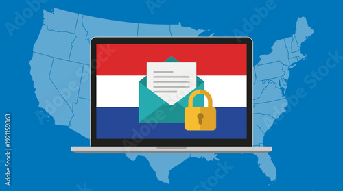 Secure Digital Communication & Data Privacy in the US and Netherlands: Laptop with Encrypted Email and Lock Icon