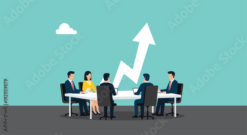 Professional business team meeting in office, corporate executives discussing financial success with rising growth chart, cad drawing flat vector illustration,