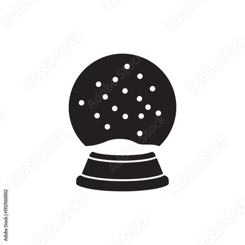 Black and white illustration of a snow globe with snowflakes inside on a table top  simple iconic style