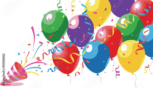 Vibrant colorful balloons and party hat on white background