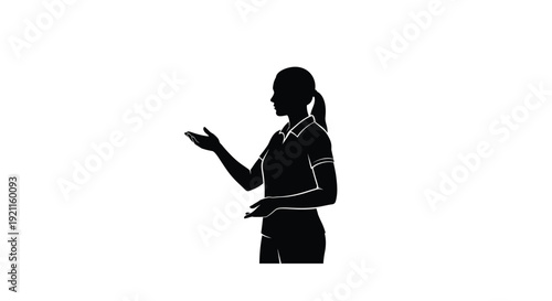 Silhouette of a woman presenting with an open hand gesture side view