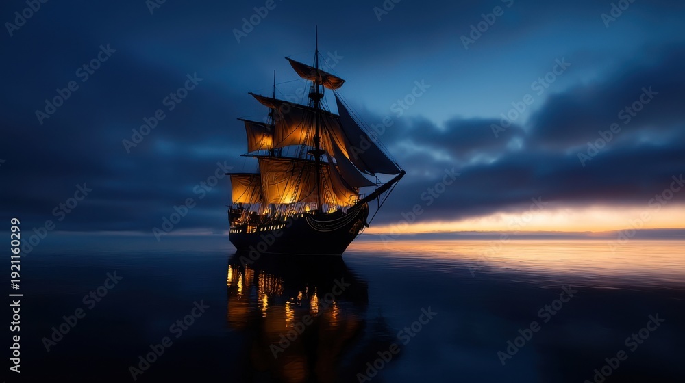 Obraz premium A large ship sails in the ocean at night. The sky is dark and cloudy, and the water is calm. The ship is the main focus of the image, and it is a pirate ship