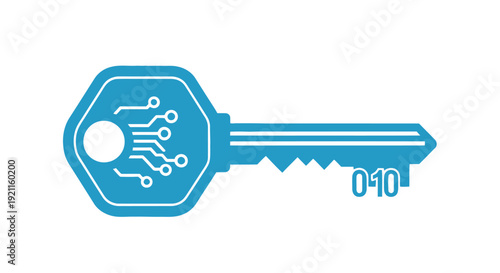 A blue key icon with circuit board details and a binary code segment