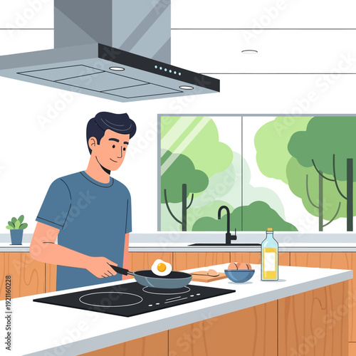 Man cooking fried egg in modern kitchen with large window overlooking green trees