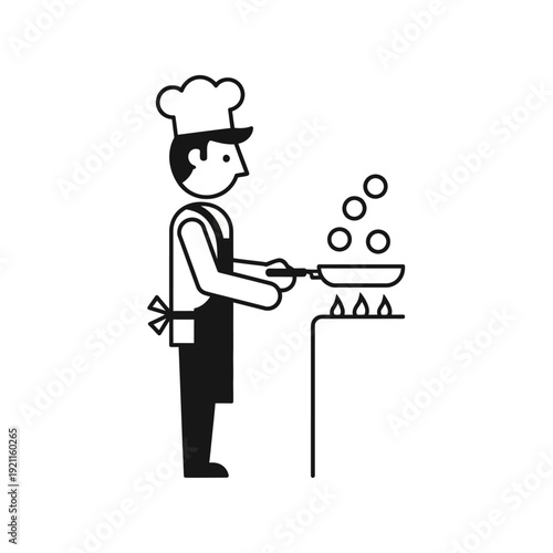 Chef cooking food in a pan on a stove, culinary preparation, professional kitchen