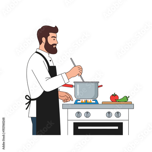 Man cooking in kitchen, stirring pot on stove with vegetables nearby