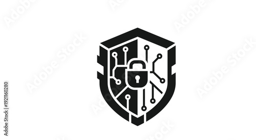 Black shield icon with circuitry and a padlock representing cybersecurity