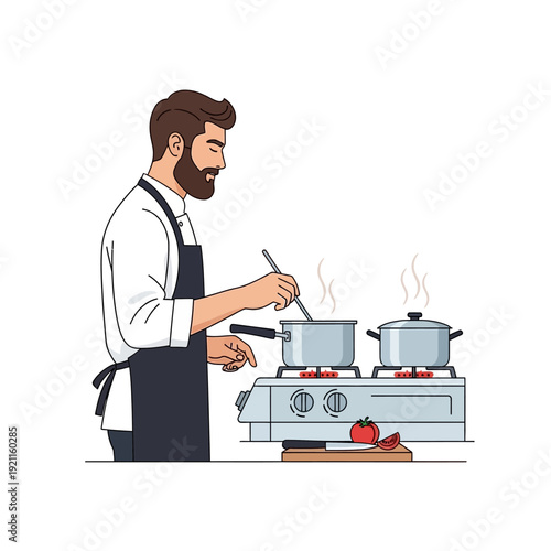 Bearded chef cooking in kitchen, stirring pot on gas stove, fresh ingredients on counter