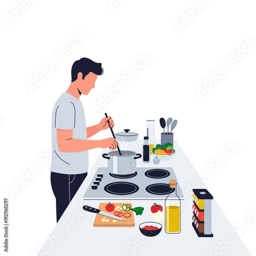 Man cooking healthy food in modern kitchen, preparing ingredients on cutting board