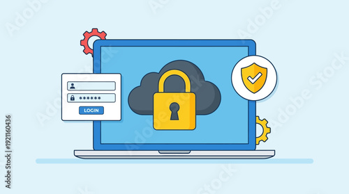 Secure Cloud Computing: Data Protection, Cyber Security, and Online Login Safety with Padlock and Shield on Laptop Screen Illustration