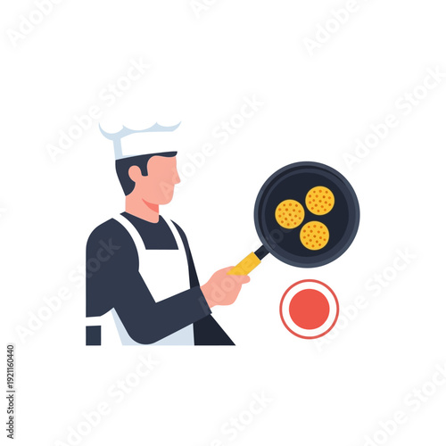 Chef cooking pancakes on a frying pan, professional cooking, breakfast food preparation