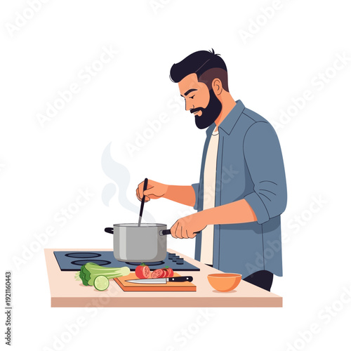 Man cooking healthy food at home, chopping vegetables and stirring pot on stove