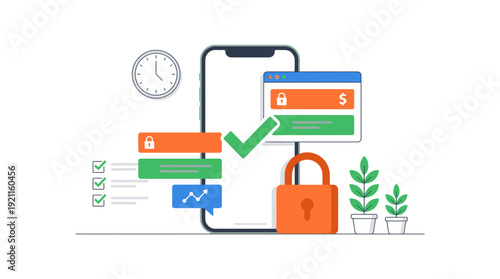 Mobile Security, Data Protection & Online Transaction Safety with Smartphone App. Secure Digital Finance, Privacy & Data Management Illustration.