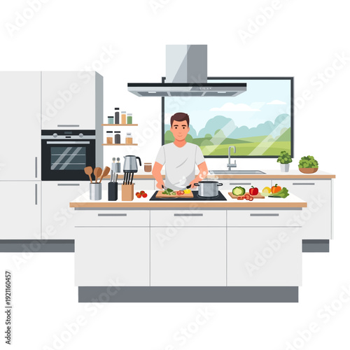 Man cooking healthy food in a modern kitchen, fresh vegetables on counter