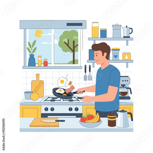 Man cooking breakfast in a bright kitchen, sunny day, healthy food preparation