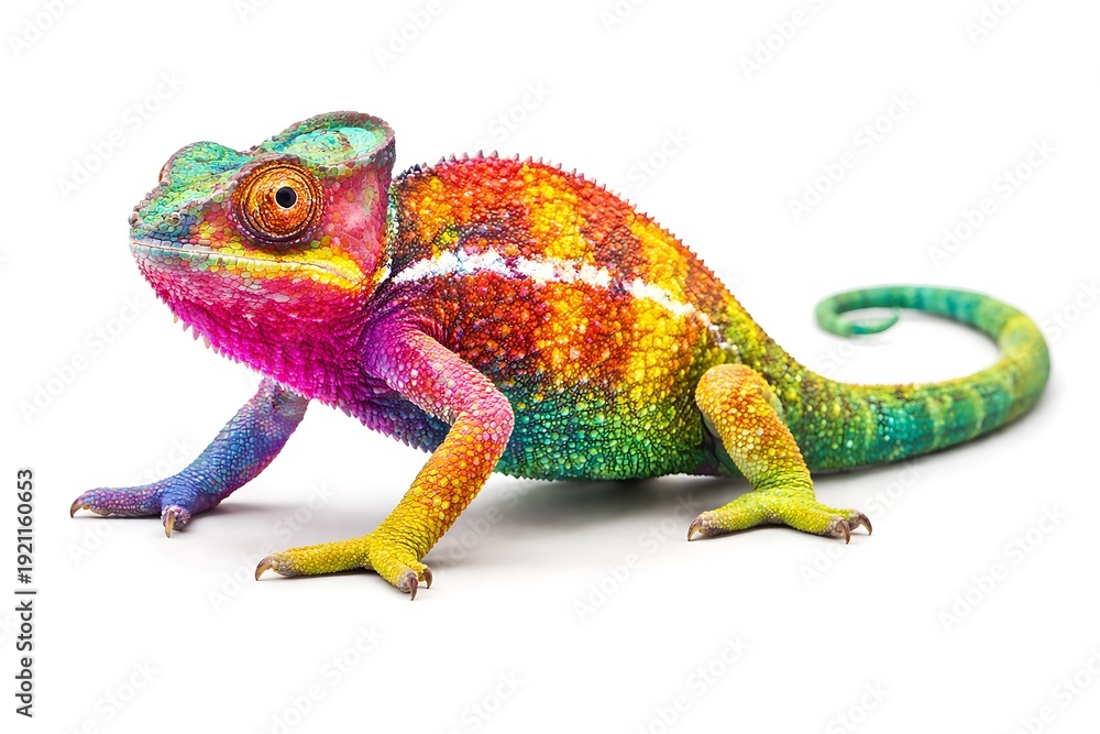 Fototapeta premium A vibrant chameleon with colorful skin is standing on a white background
