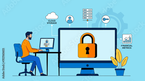Digital Data Security & Privacy: Man Securing Cloud Storage, Financial Metrics, and Online Access with Padlock Illustration