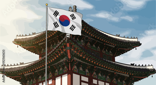 Traditional Korean architecture with South Korean flag waving