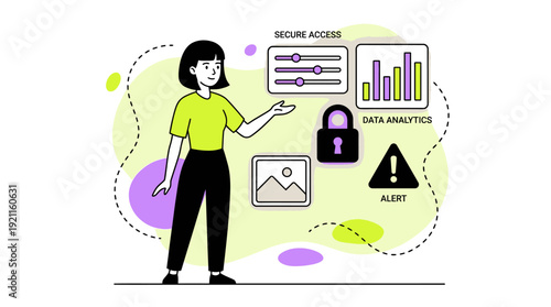 Digital Data Management Concept: Woman Explaining Secure Access, Data Analytics, Privacy, and Alert Systems in Modern Flat Illustration