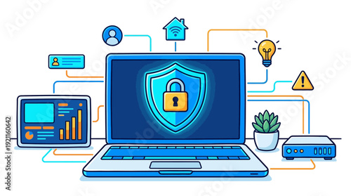 Comprehensive Cyber Security & Data Protection Concept: Laptop with Shield, Padlock, Network Devices, and Threat Warnings