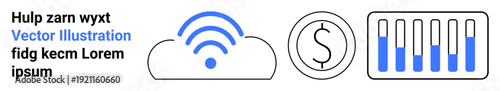Cloud with wireless signal, dollar coin, and vertical bar chart. Ideal for technology, finance, data analysis, cloud services, connectivity, business strategy simple landing page