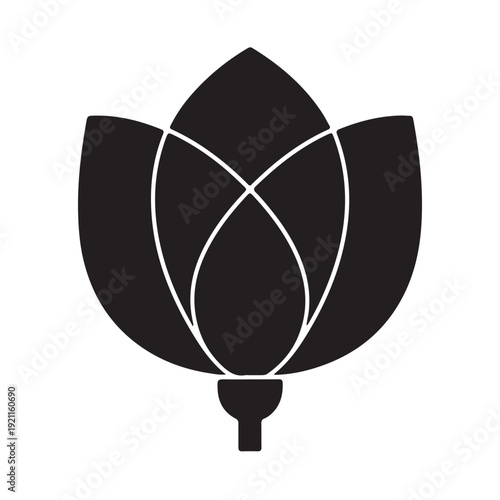 Black lotus flower icon with white lines on white background for design and decoration purposes