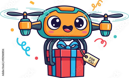 A playful robot drone delivering a gift box with a cheerful expression and musical notes around