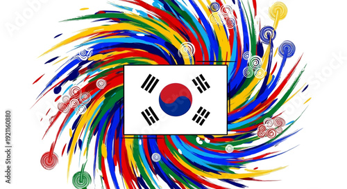 Vibrant South Korean flag surrounded by dynamic swirling colors