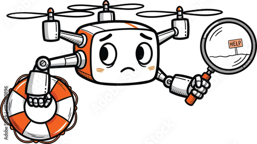 A whimsical drone equipped with a life preserver and a magnifying glass for rescue missions.