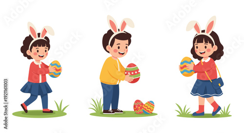 Children celebrating with colorful easter eggs and bunny ears on a bright day