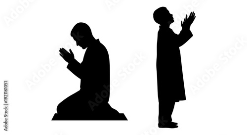 Two silhouettes demonstrating different islamic prayer positions in a minimalist style