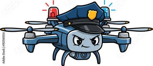 A whimsical drone with a police officer's helmet and angry face design