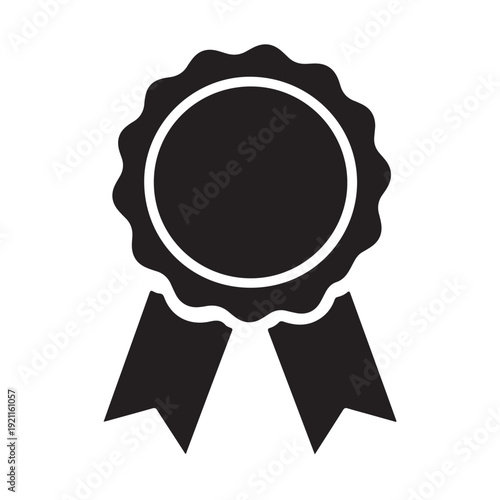 Black ribbon rosette award symbol with two tails  isolated on white background for recognition and achievement