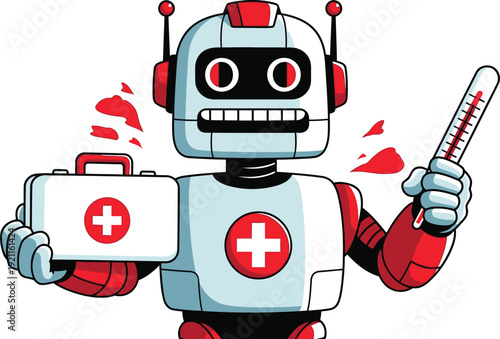 A friendly robot character holding a first aid kit and a thermometer.