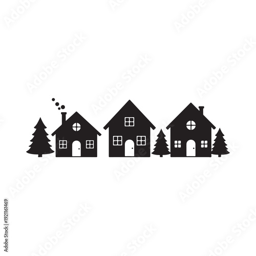 Black silhouette of houses and pine trees on white background  simple illustration of residential area with smoke coming out of chimney  peaceful neighborhood scene