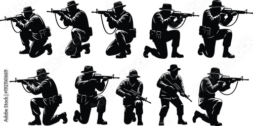 Black and white soldiers in combat poses with rifles kneeling aiming